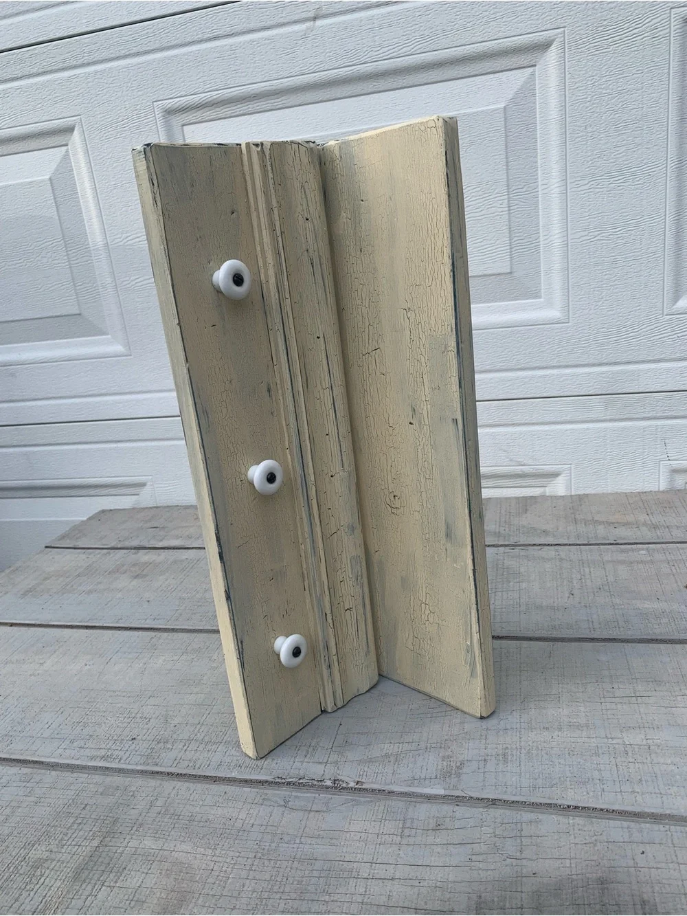 Vintage Farmhouse Wall Shelf with 3 Shaker Pegs Distressed White 17.5” Coat Rack